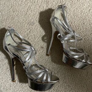 Aldo Silver Metallic Strappy Platform Stiletto Heels